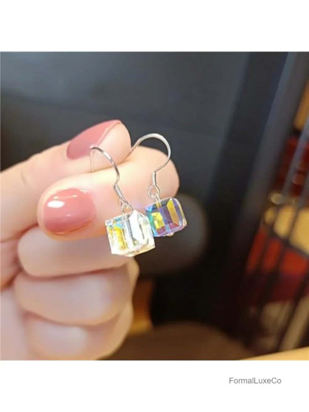 Austrian Crystal Cube Earrings for Women Handmade Clear Silver Plated Dangle